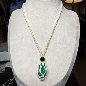 Handmade Cream Macrame Necklace with Green MalachiteStone Pendant
